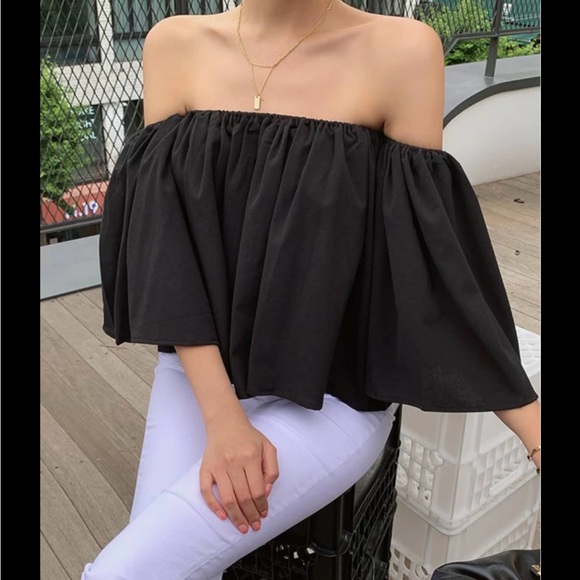 Black chiffon flowy off shoulder dressy boutique blouse top one size - Picture 3 of 6